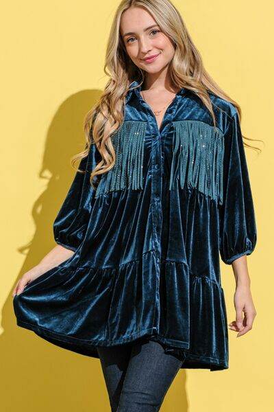 And The Why Fringe Detailed Velvet Shirt Dress Teal for a perfect OOTD – dress to impress outfits from Amexza