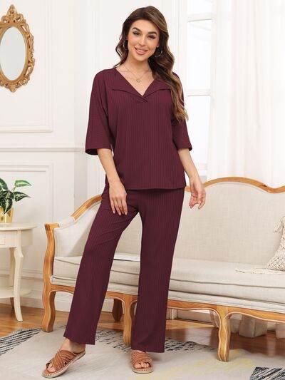 Ribbed Half Sleeve Top and Pocketed Pants Set Burgundy for a perfect OOTD – dress to impress outfits from Amexza