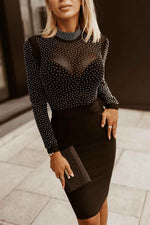 Rhinestone Mock Neck Long Sleeve Dress - Amexza