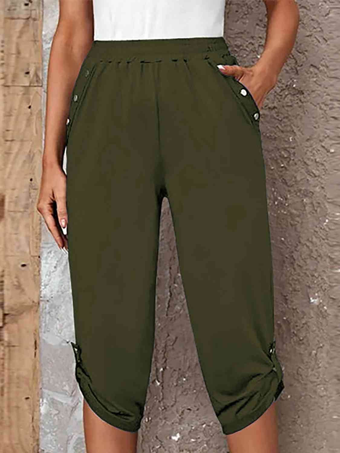 Full Size Roll-Tab Capris Pants Matcha Green for a perfect OOTD – dress to impress outfits from Amexza