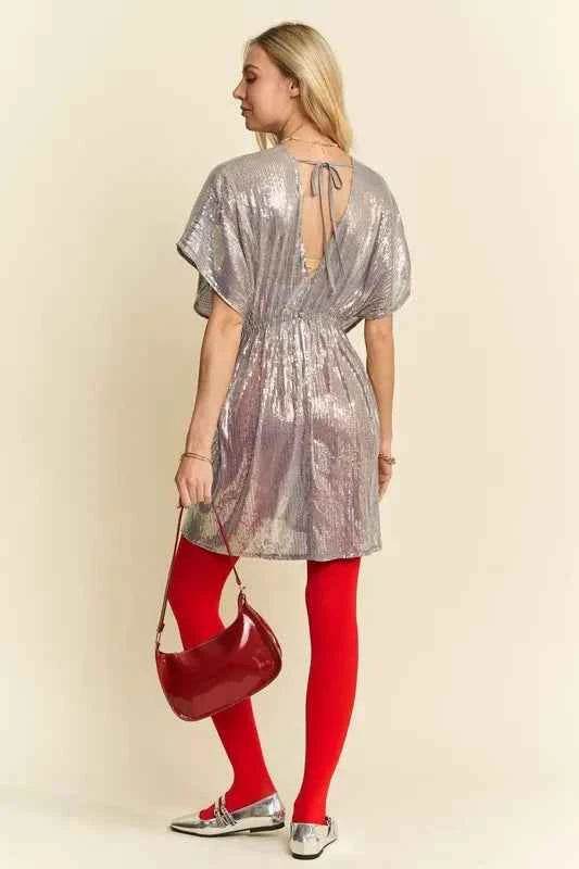 Davi & Dani Sequin Plunge Neck Knot Cut Out Tie Back Party Dress for a perfect OOTD – dress to impress outfits from Amexza