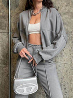 Baseball Collar Zip Up Top and Drawstring Paants Set for a perfect OOTD – dress to impress outfits from Amexza