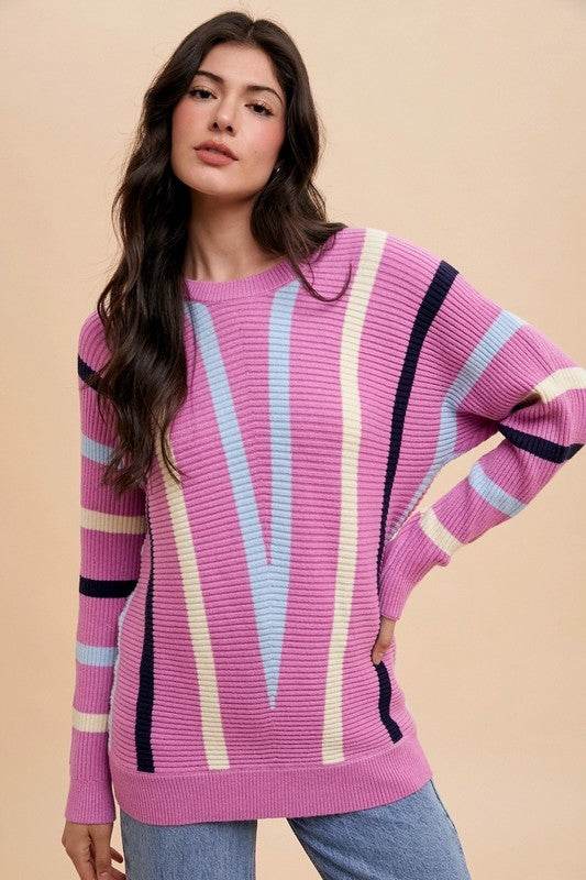 Annie Wear Chevron Stripe Round Neck Ribbed Sweater for a perfect OOTD – dress to impress outfits from Amexza