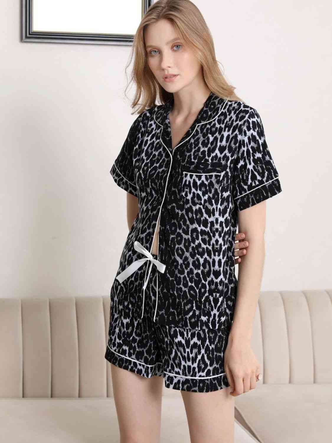 Lapel Collar Shirt and Shorts Pajama Set Leopard for a perfect OOTD – dress to impress outfits from Amexza