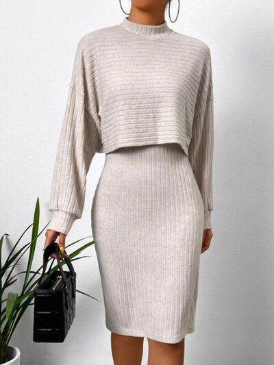 Mock Neck Long Sleeve Top and Wide Strap Dress Set Dust Storm for a perfect OOTD – dress to impress outfits from Amexza