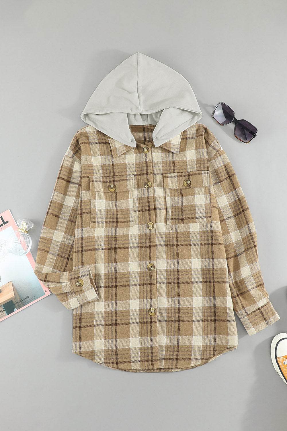 Plaid Button Up Long Sleeve Hooded Jacket for a perfect OOTD – dress to impress outfits from Amexza