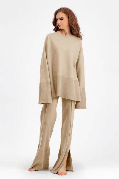 Basic Bae Slit Round Neck Long Sleeve Top and Drawstring Pants Sweater Set Tan One Size for a perfect OOTD – dress to impress outfits from Amexza