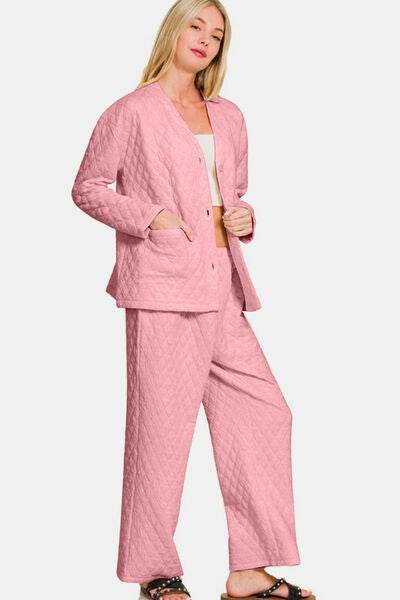 Zenana Quilted Button Up Long Sleeve Top and Pants Lounge Set for a perfect OOTD – dress to impress outfits from Amexza