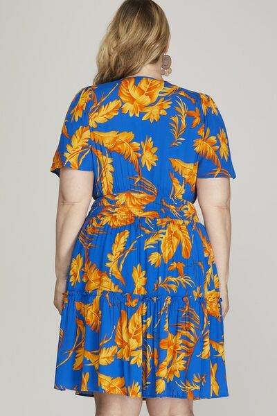 She + Sky Full Size Printed Notched Short Sleeve Frill Tiered Dress Plus Size for a perfect OOTD – dress to impress outfits from Amexza