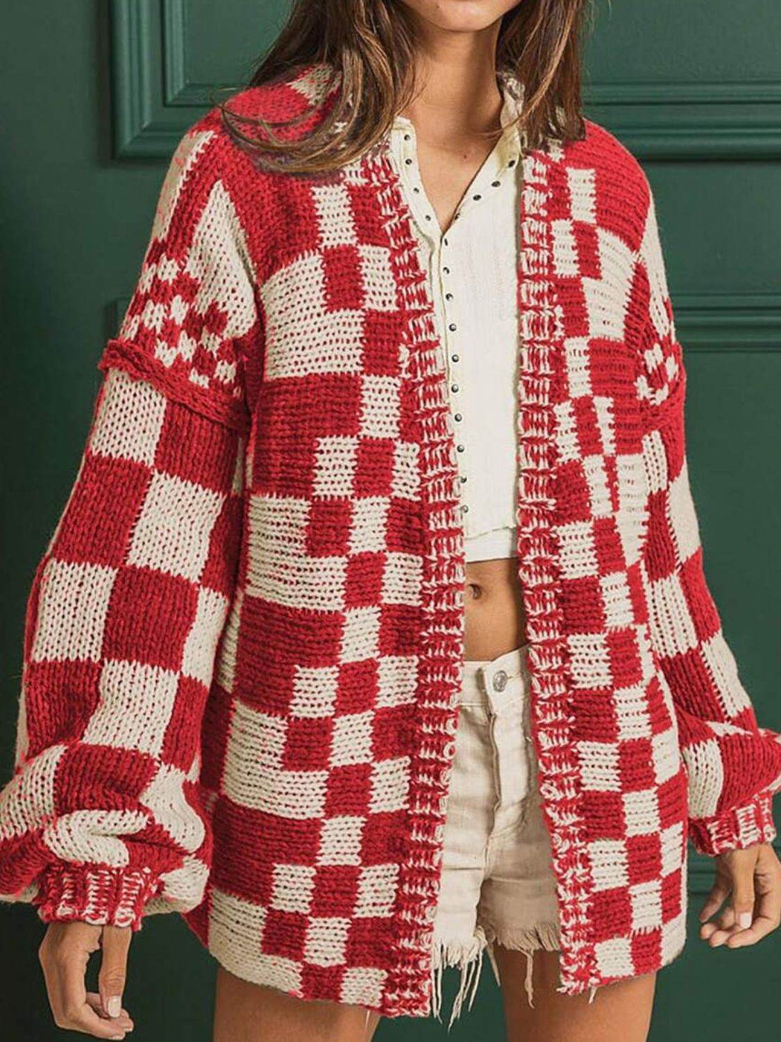 Checkered Open Front Long Sleeve Cardigan - Amexza