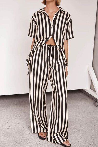 Striped Collared Neck Half Sleeve Top and Pants Set for a perfect OOTD – dress to impress outfits from Amexza