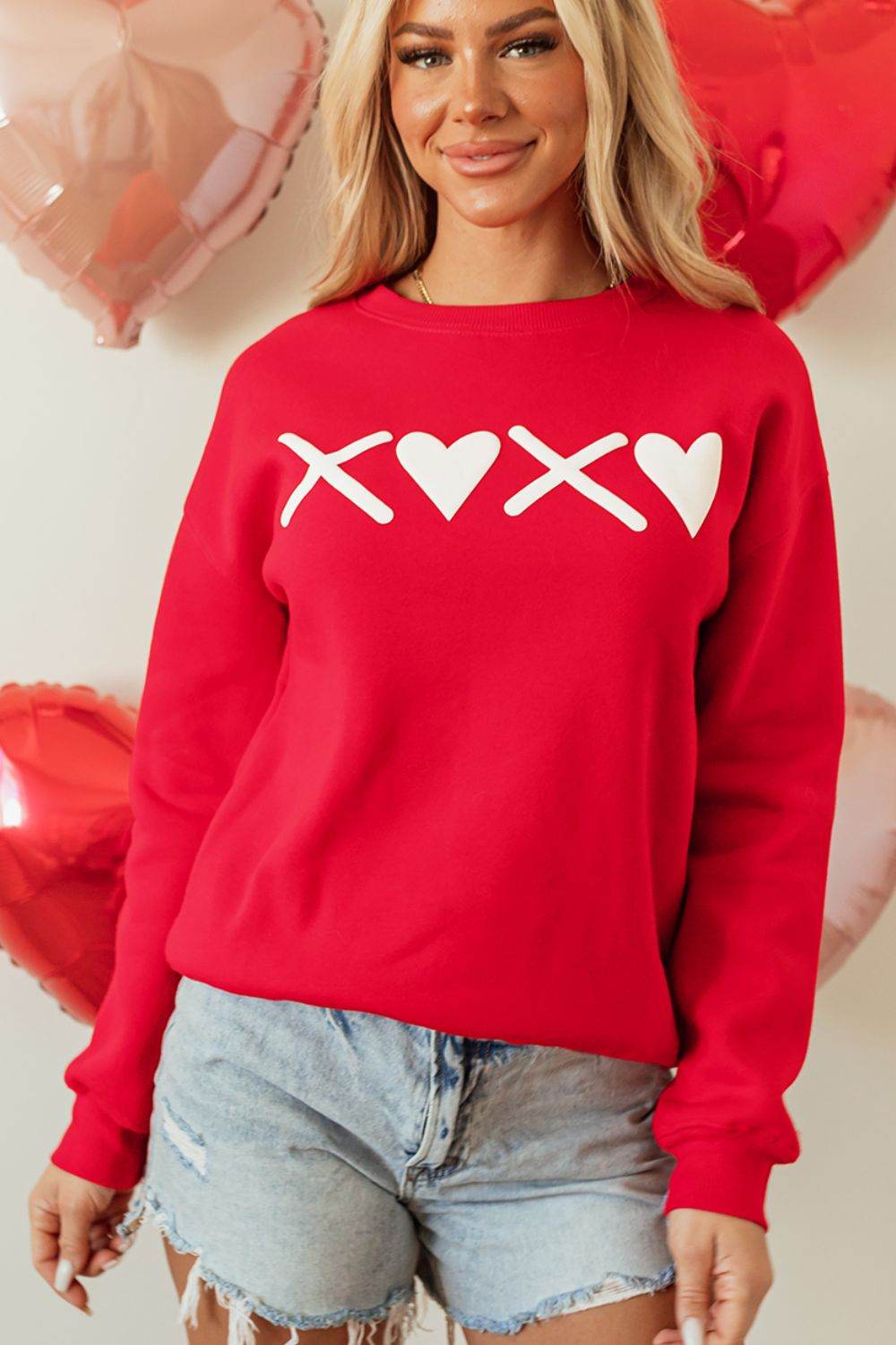 Valentine’s Day XOXO Round Neck Drop Shoulder Sweatshirt - Amexza