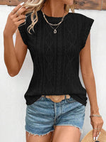 Openwork Round Neck Cap Sleeve Top - Amexza