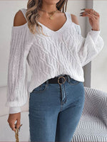 Cable-Knit Cold Shoulder Long Sleeve Sweater White for a perfect OOTD – dress to impress outfits from Amexza