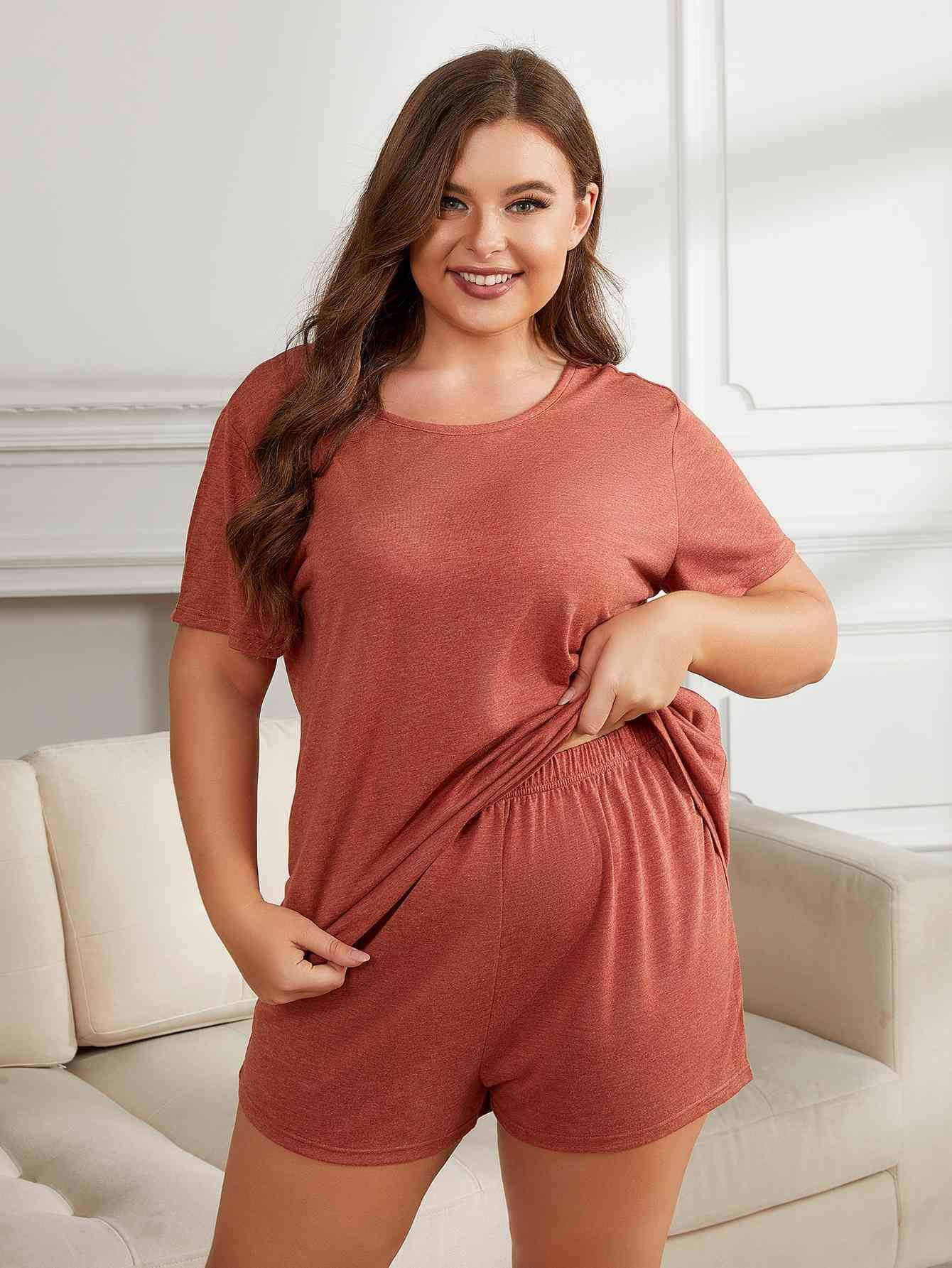 Plus Size Round Neck Short Sleeve Two-Piece Loungewear Set Rust for a perfect OOTD – dress to impress outfits from Amexza