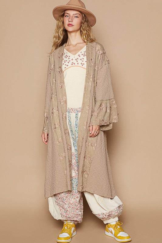 POL Flower Lace Trim Open Front Longline Cardigan for a perfect OOTD – dress to impress outfits from Amexza