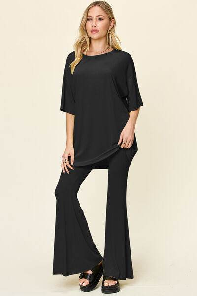 Double Take Full Size Round Neck Drop Shoulder T-Shirt and Flare Pants Set Black for a perfect OOTD – dress to impress outfits from Amexza