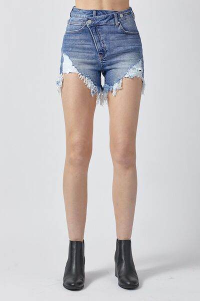 RISEN Raw Hem Asymmetrical Waist Denim Shorts for a perfect OOTD – dress to impress outfits from Amexza