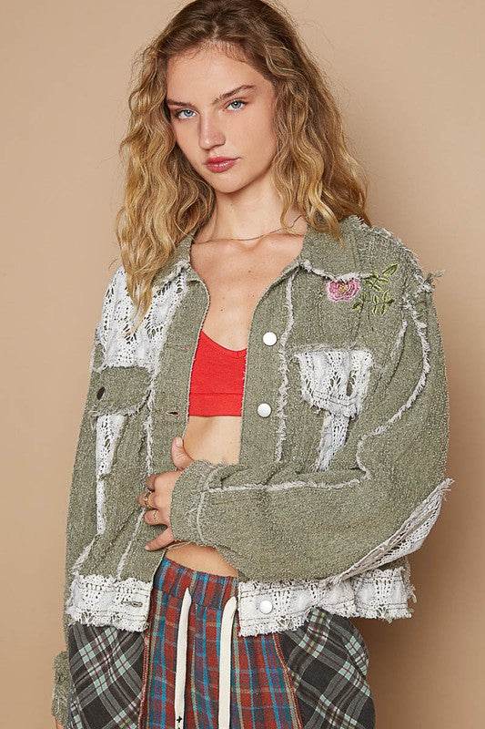 POL Crochet Patch Embroidered Button Up Jacket Olive Multicolor for a perfect OOTD – dress to impress outfits from Amexza