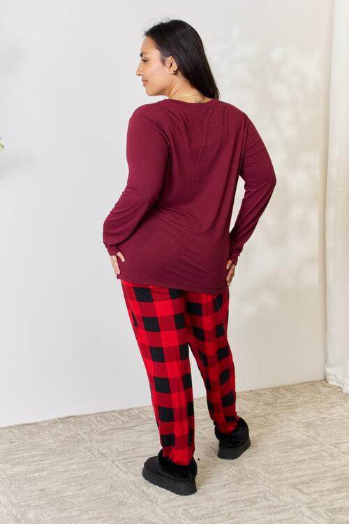 Zenana Full Size Plaid Round Neck Top and Pants Pajama Set for a perfect OOTD – dress to impress outfits from Amexza