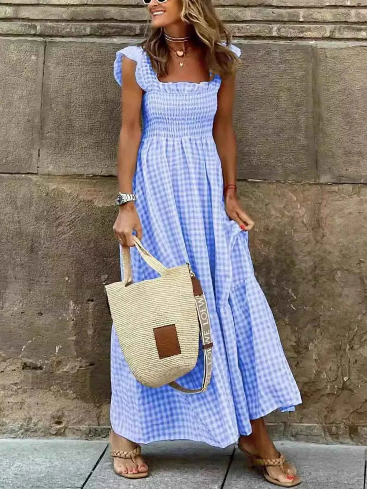 Smocked Gingham Maxi Dress with Ruffle Straps