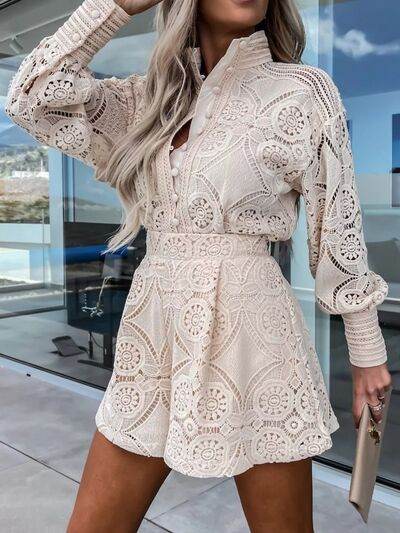 Lace Button Detail Long Sleeve Top and Shorts Set - Amexza