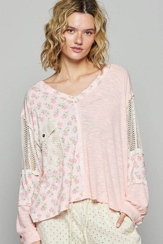 POL Floral Crochet Patch V-Neck Top - Amexza
