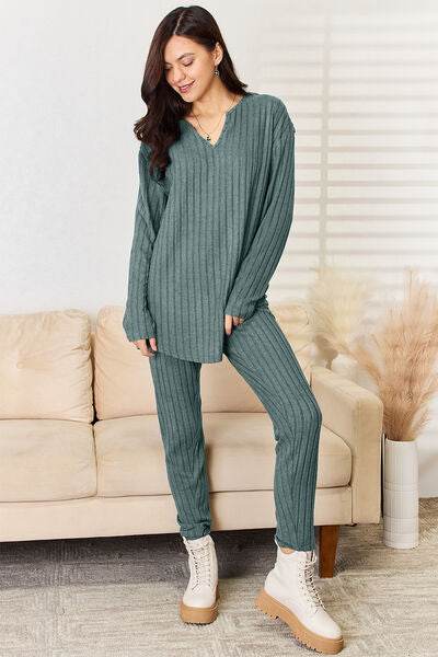 Basic Bae Full Size Notched Long Sleeve Top and Pants Set Deep Teal for a perfect OOTD – dress to impress outfits from Amexza