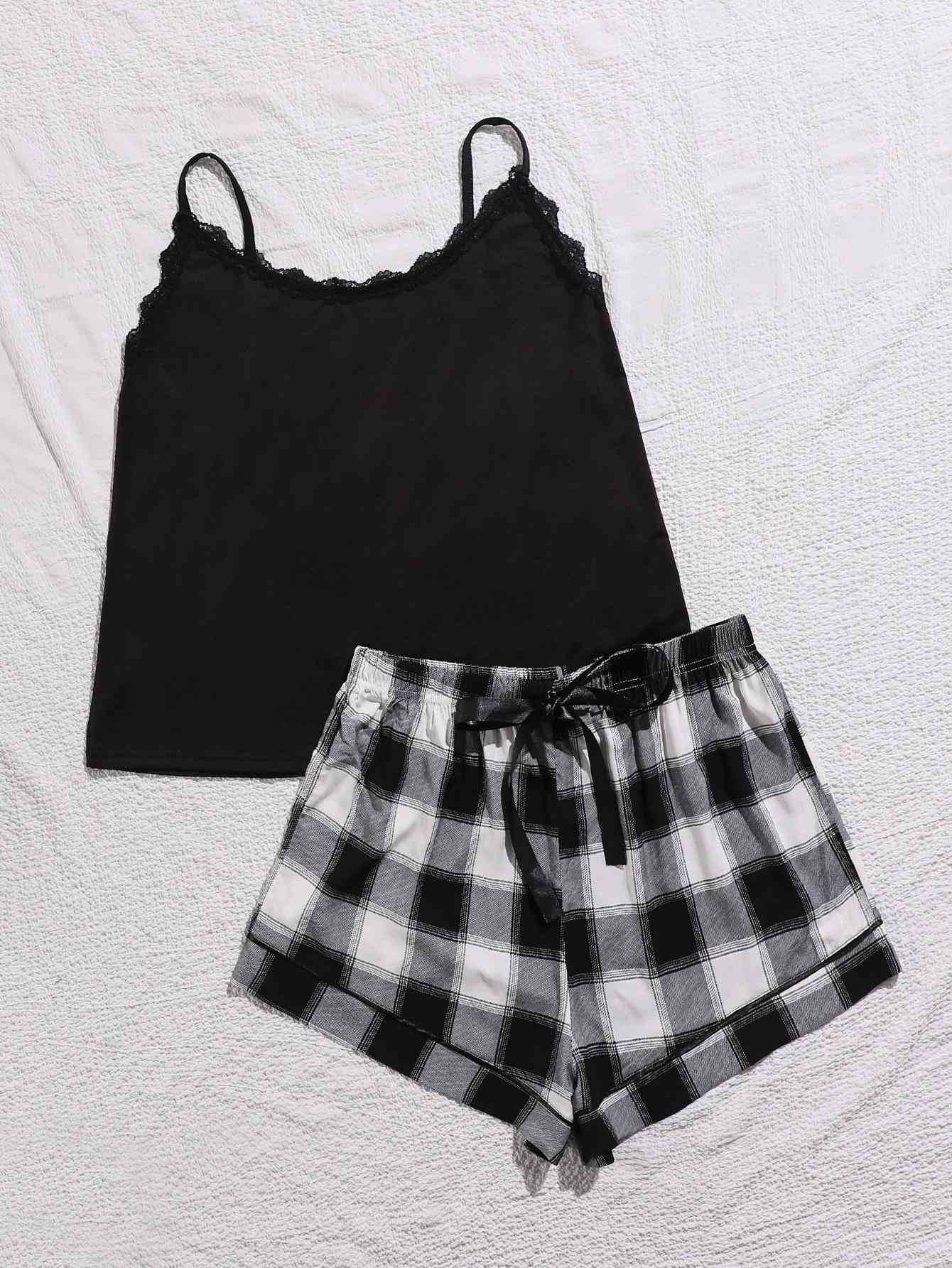 Plus Size Lace Trim Scoop Neck Cami and Printed Shorts Pajama Set Black Plaid for a perfect OOTD – dress to impress outfits from Amexza