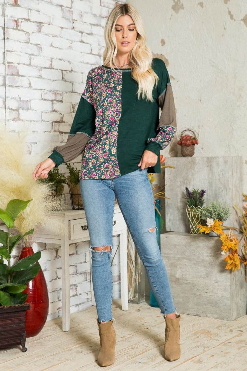 Celeste Full Size Floral Color Block Exposed Seam T-Shirt for a perfect OOTD – dress to impress outfits from Amexza