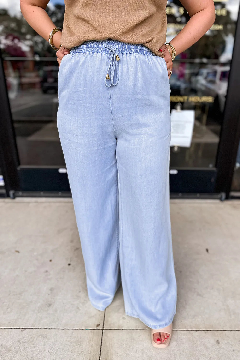 Plus Size Drawstring Wide Leg Jeans - Light Blue / 1XL