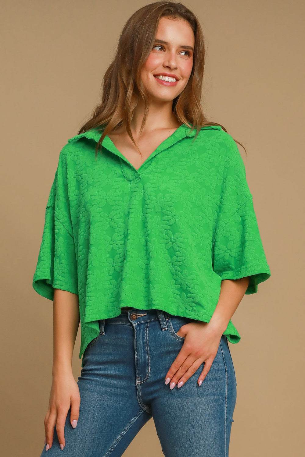 Umgee Floral Johnny Collar Half Sleeve Jacquard Top Green for a perfect OOTD – dress to impress outfits from Amexza