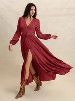 V-Neck Balloon Sleeve Ruffled Hem Maxi Dress Burgundy for a perfect OOTD – dress to impress outfits from Amexza