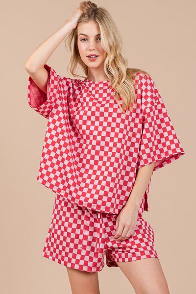 Ces Femme Checkered Round Neck Top and Shorts Set Red for a perfect OOTD – dress to impress outfits from Amexza