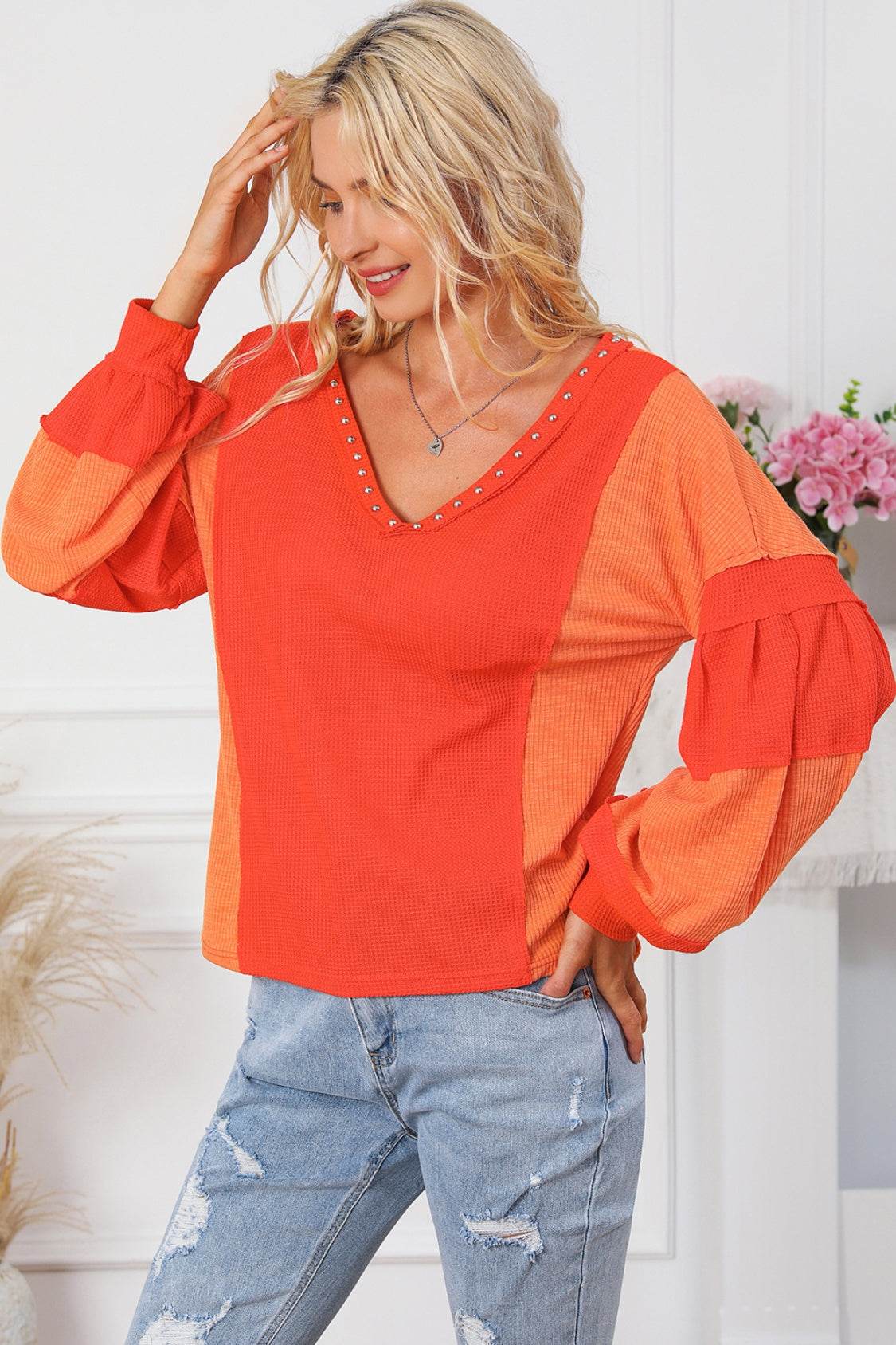 Color Block V-Neck Top Orange for a perfect OOTD – dress to impress outfits from Amexza