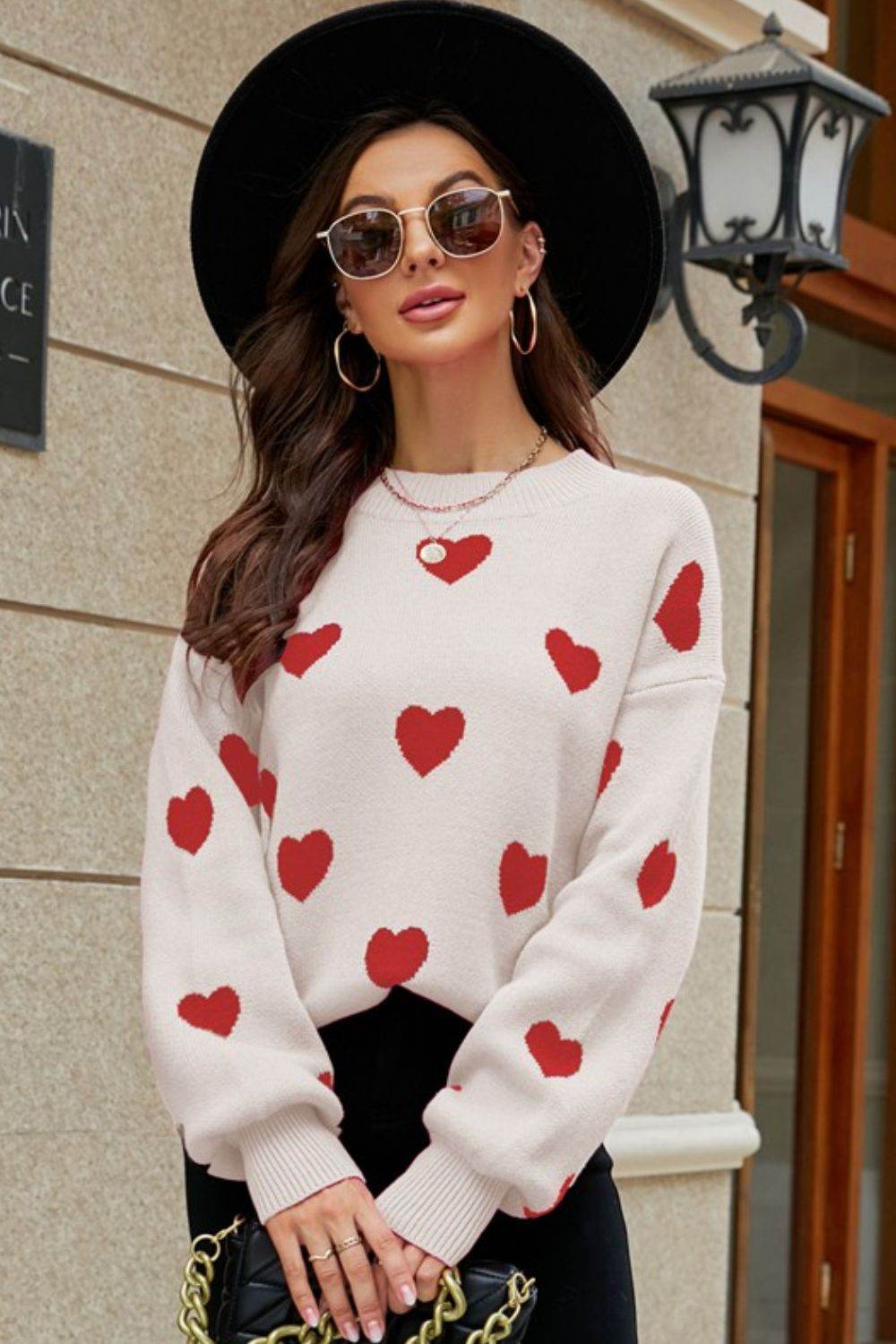 Woven Right Heart Pattern Lantern Sleeve Round Neck Tunic Sweater for a perfect OOTD – dress to impress outfits from Amexza