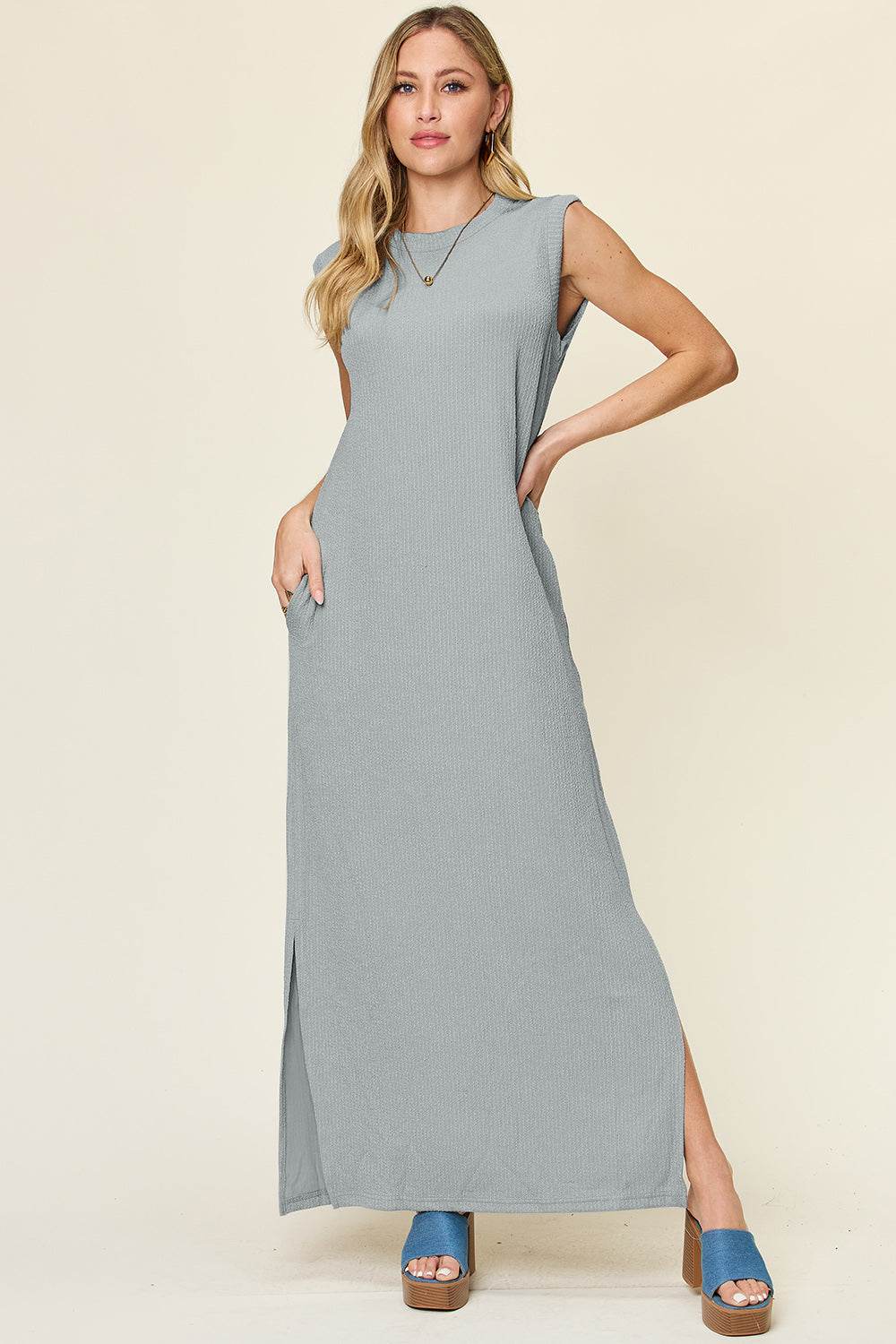 Double Take Full Size Texture Mock Neck Sleeveless Maxi Dress - Amexza