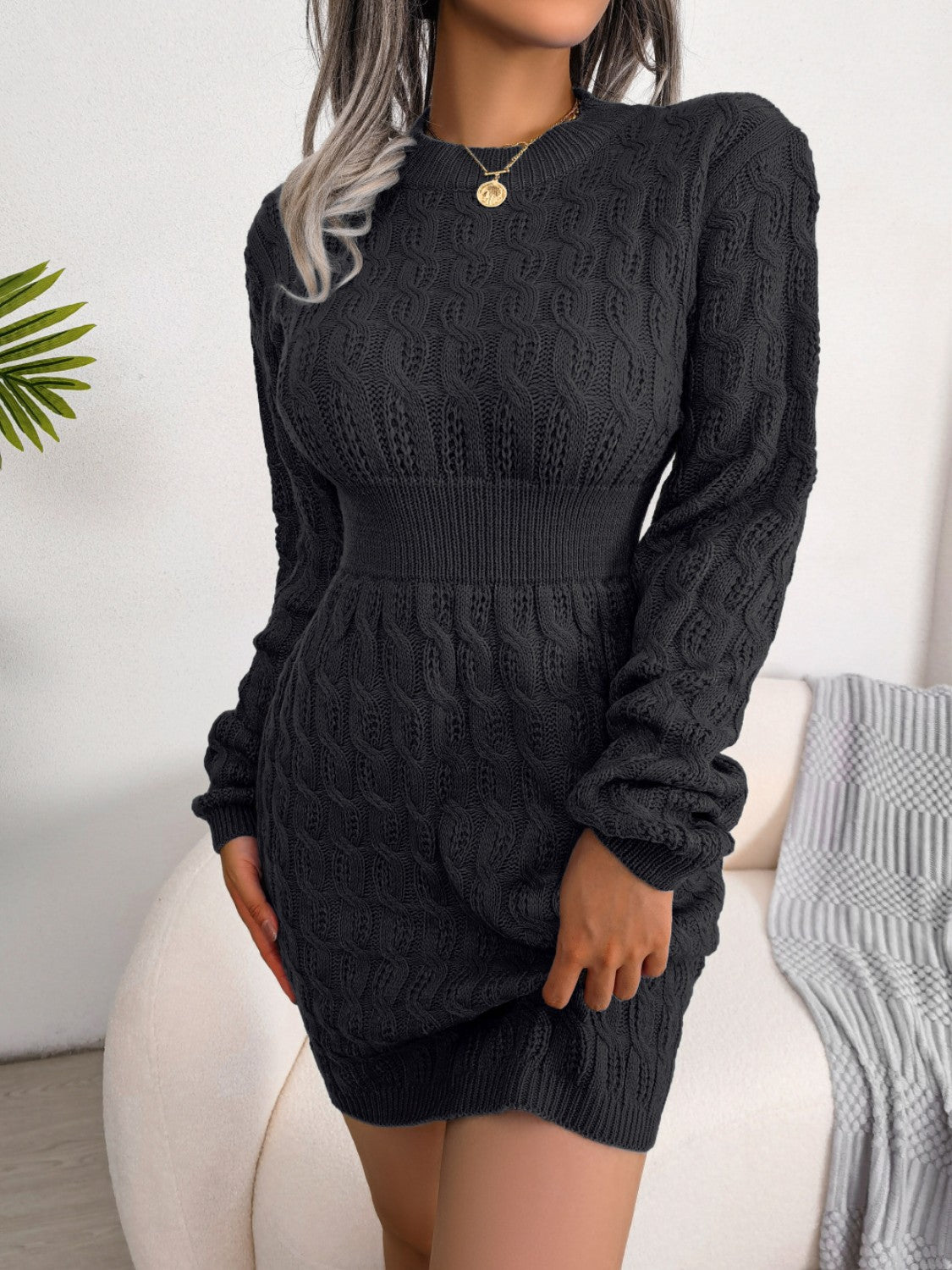 Cable-Knit Round Neck Mini Wrap Sweater Dress Black for a perfect OOTD – dress to impress outfits from Amexza