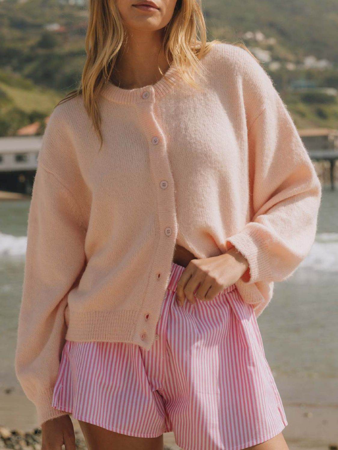 Button Down Long Sleeve Cardigan Watermelon pink for a perfect OOTD – dress to impress outfits from Amexza