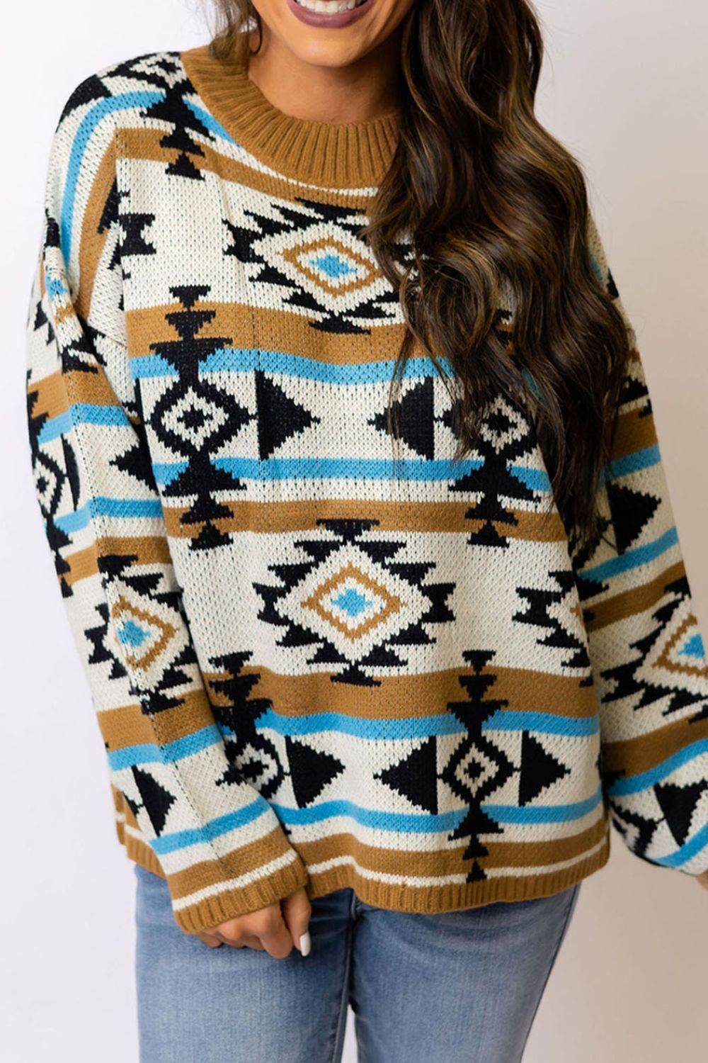 Geometric Round Neck Long Sleeve Sweater - Amexza