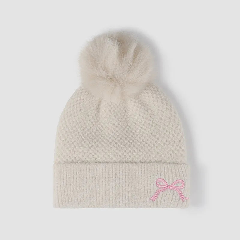 Thermal Bow Knit Hat with Pompom Beige One Size for a perfect OOTD – dress to impress outfits from Amexza