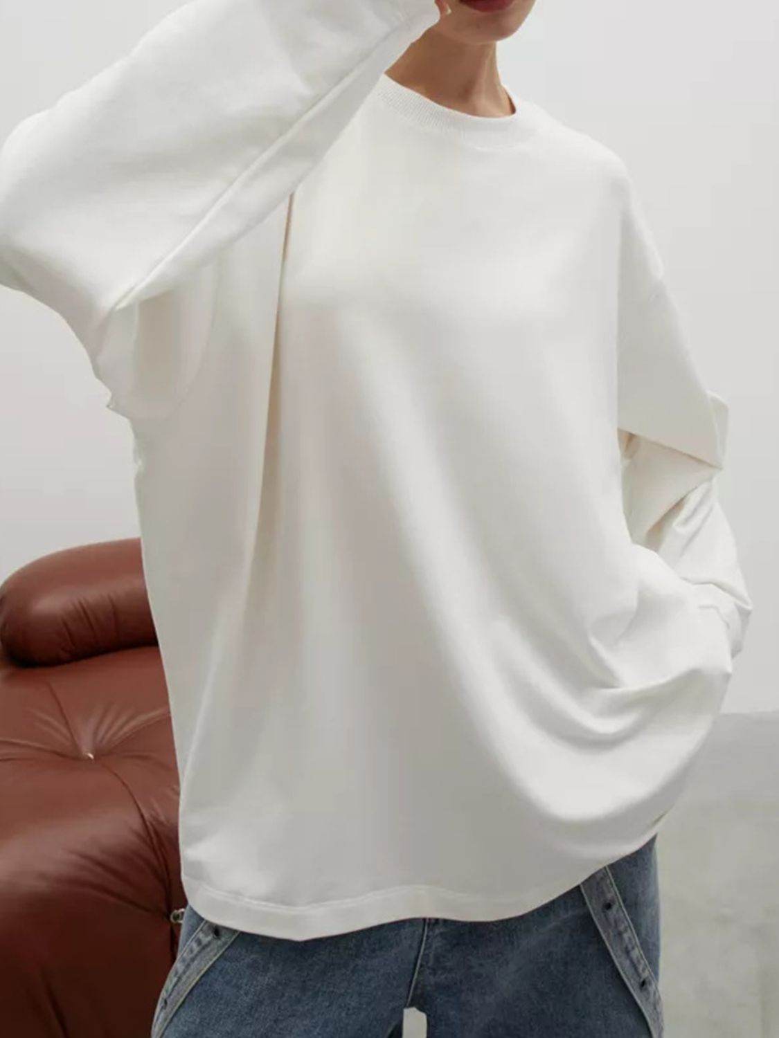 Round Neck Dropped Shoulder Long Sleeve T-Shirt - Amexza