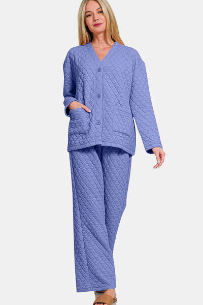 Zenana Quilted Button Up Long Sleeve Top and Pants Lounge Set for a perfect OOTD – dress to impress outfits from Amexza