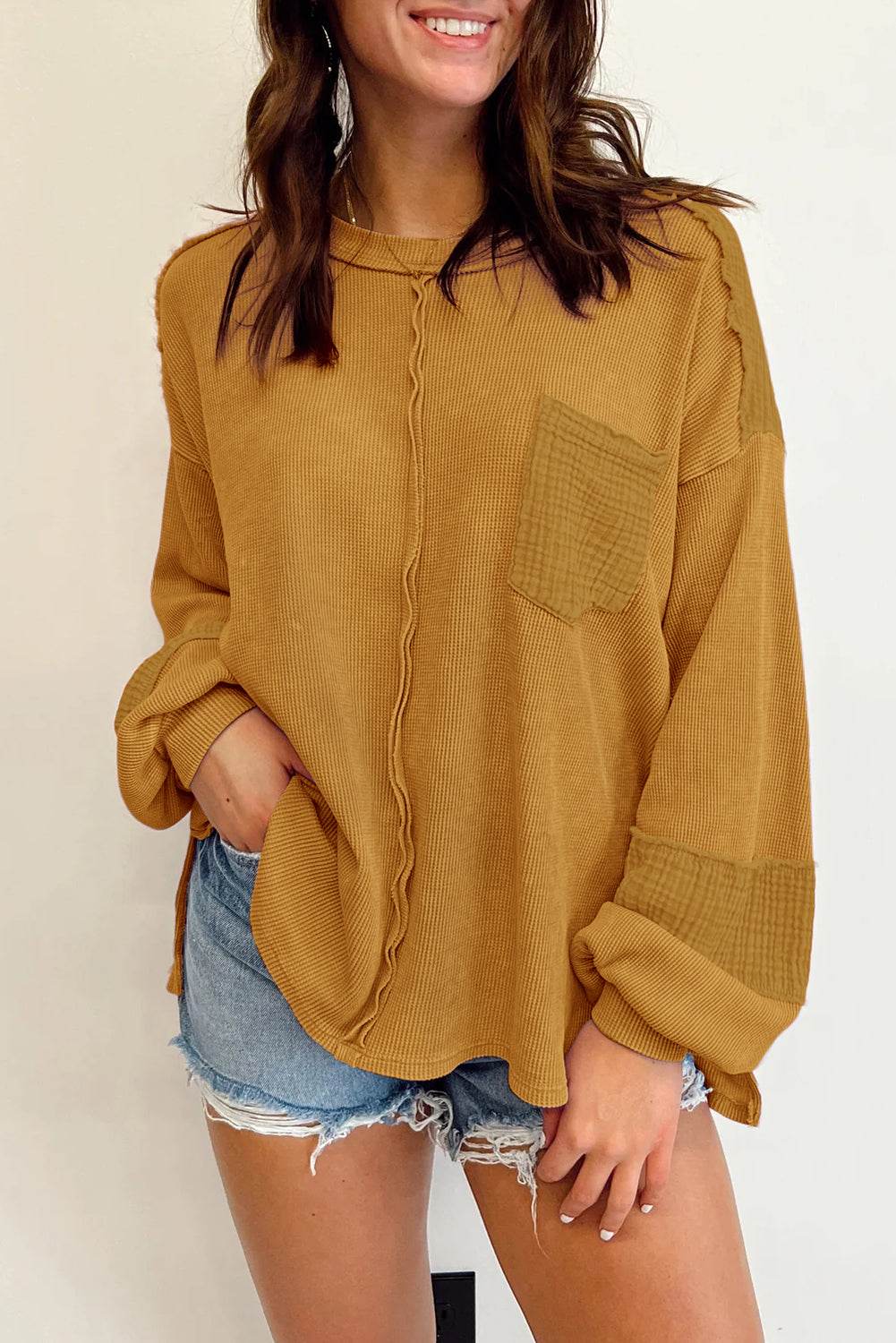 Exposed Seam Round Neck Long Sleeve Sweatshirt - Amexza