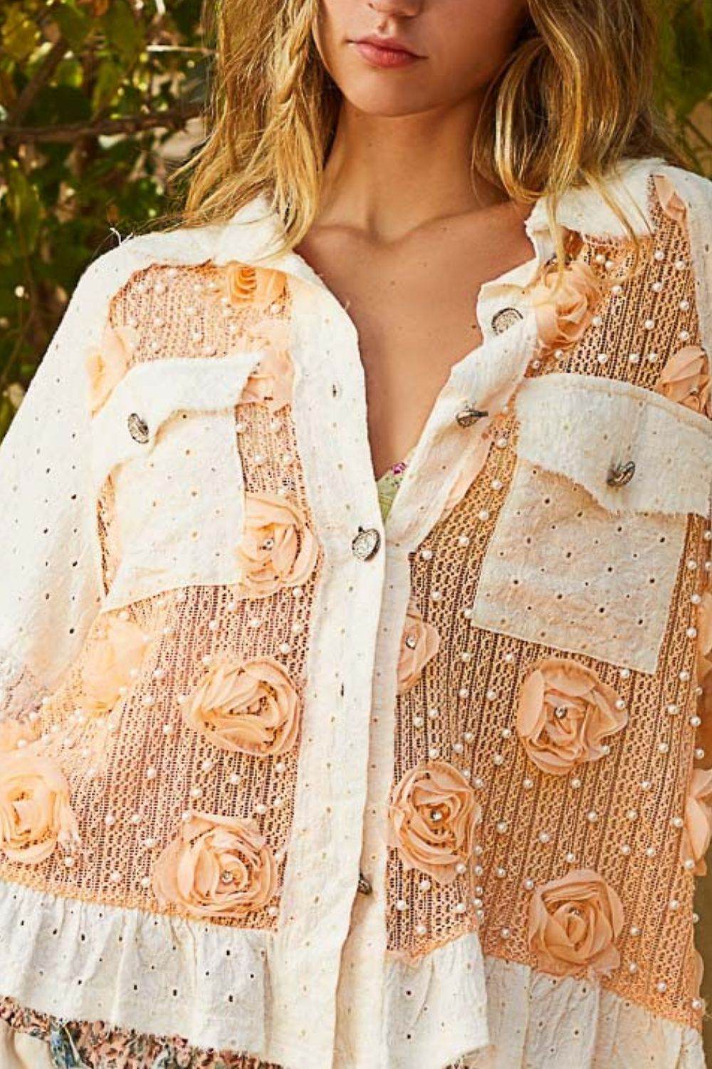 POL Eyelet Flower Pearl Detail Lace Patchwork Shirt for a perfect OOTD – dress to impress outfits from Amexza