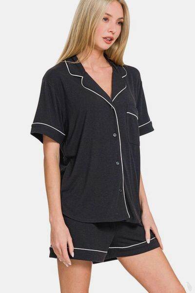 Zenana Button Down Short Sleeve Top and Shorts Lounge Set for a perfect OOTD – dress to impress outfits from Amexza