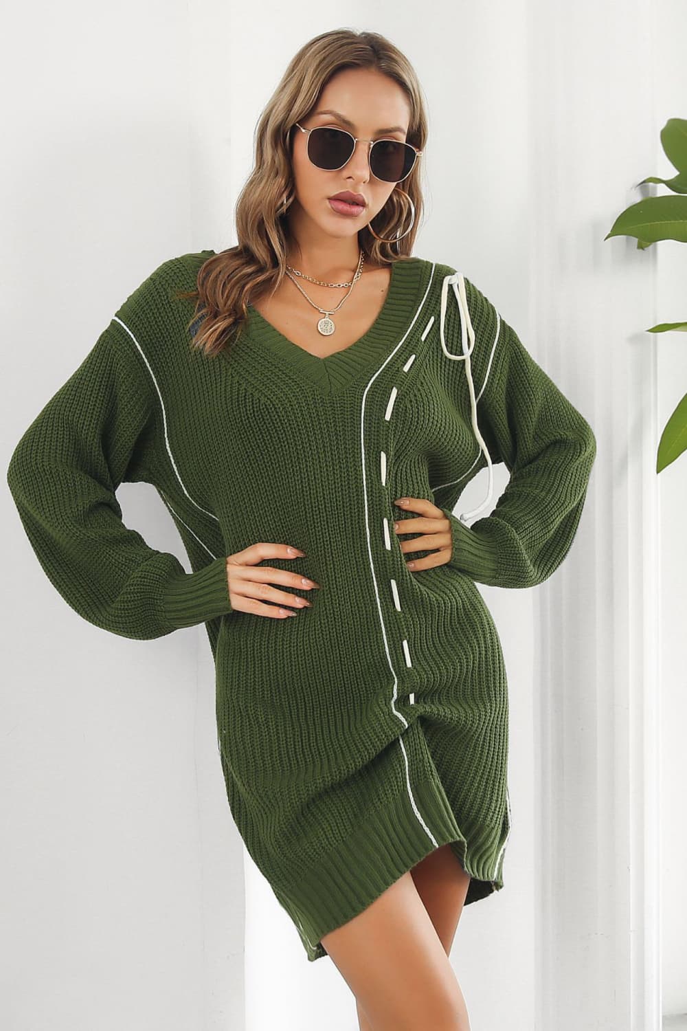 Contrast V-Neck Sweater Dress Army Green for a perfect OOTD – dress to impress outfits from Amexza