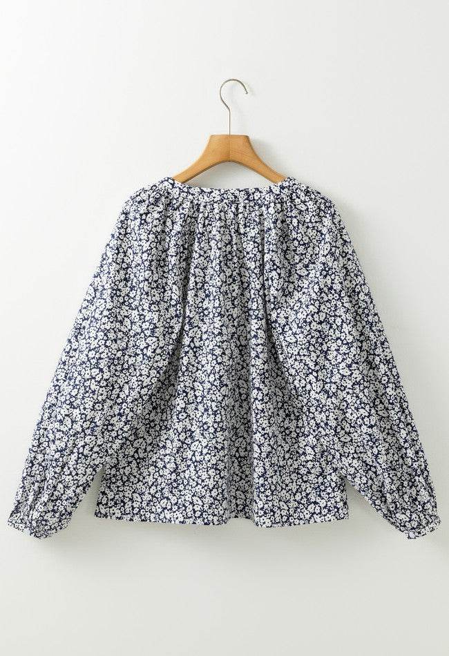 Floral Print Notched Long Sleeve Blouse for a perfect OOTD – dress to impress outfits from Amexza