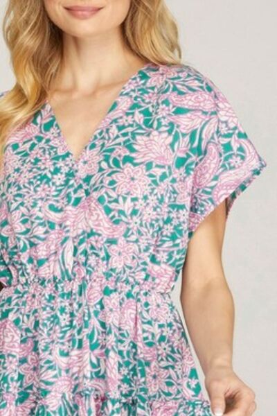 She + Sky Full Size Ruffled Hem Printed Surplice Kimono Sleeve Mini Dress Plus Size for a perfect OOTD – dress to impress outfits from Amexza