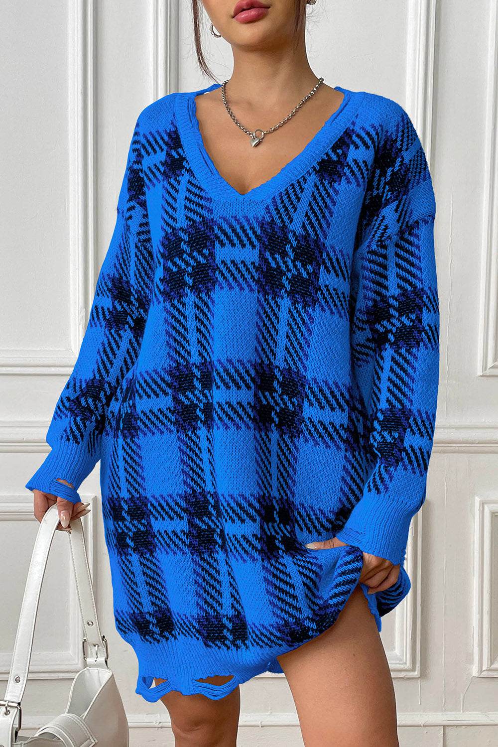Plaid V-Neck Long Sleeve Sweater Dress for a perfect OOTD – dress to impress outfits from Amexza